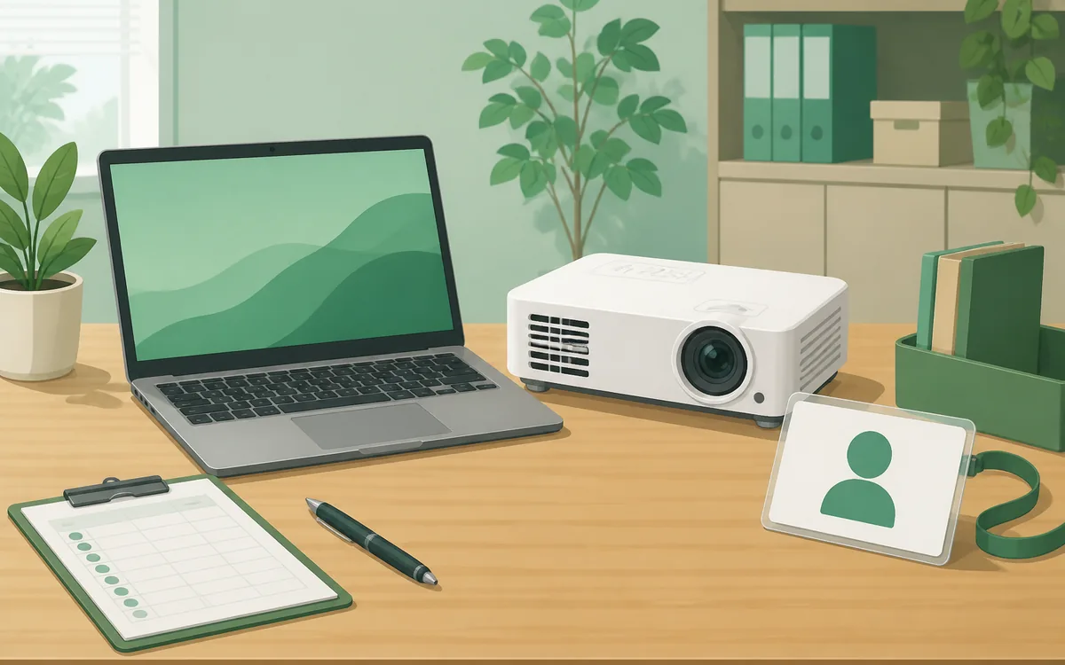 ノートPCやプロジェクターの貸出管理をイメージしたイラスト