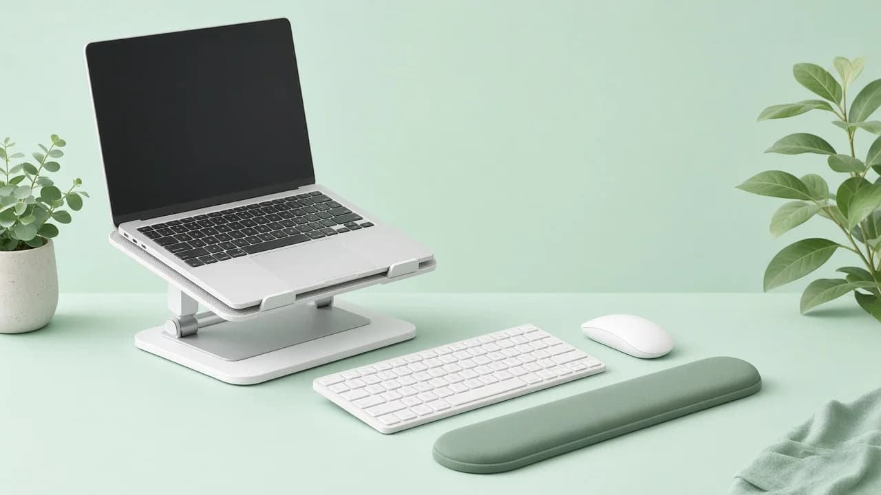 ノートPCスタンドと外付けキーボードで姿勢を整えたデスク