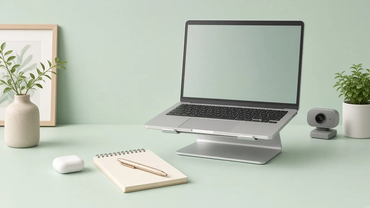 在宅デスクにノートPCスタンドと周辺機器が整っている様子