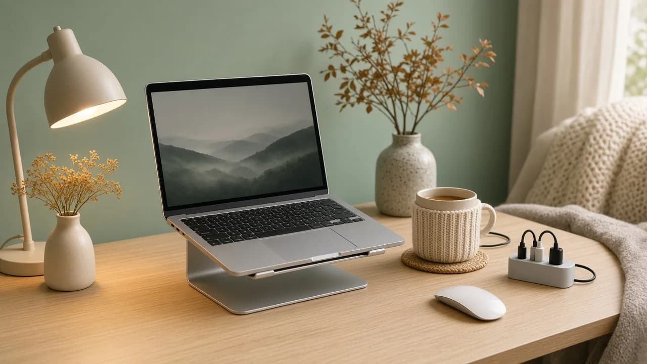 秋冬の在宅デスクにノートPC、ライト、マウスが整っている様子