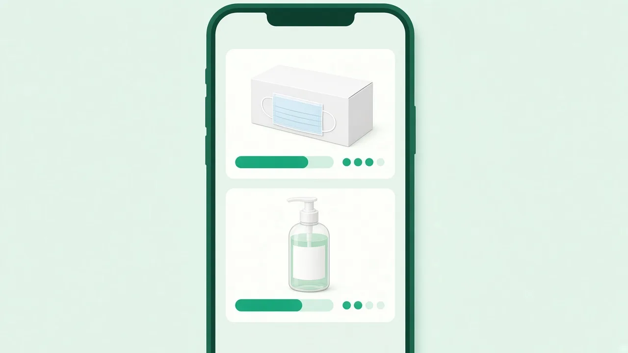 スマホ画面にマスクの箱と手指消毒液の残数が並んでいるイラスト